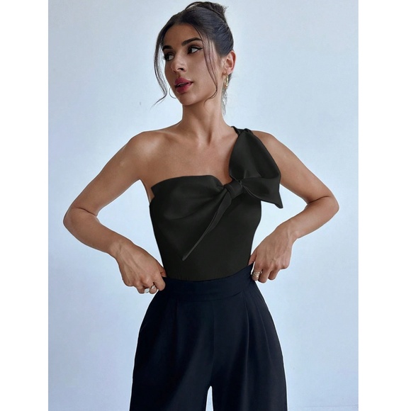 Black Large Bow One Shoulder Bodysuit Slim Fit Asymmetrical - Picture 7 of 14